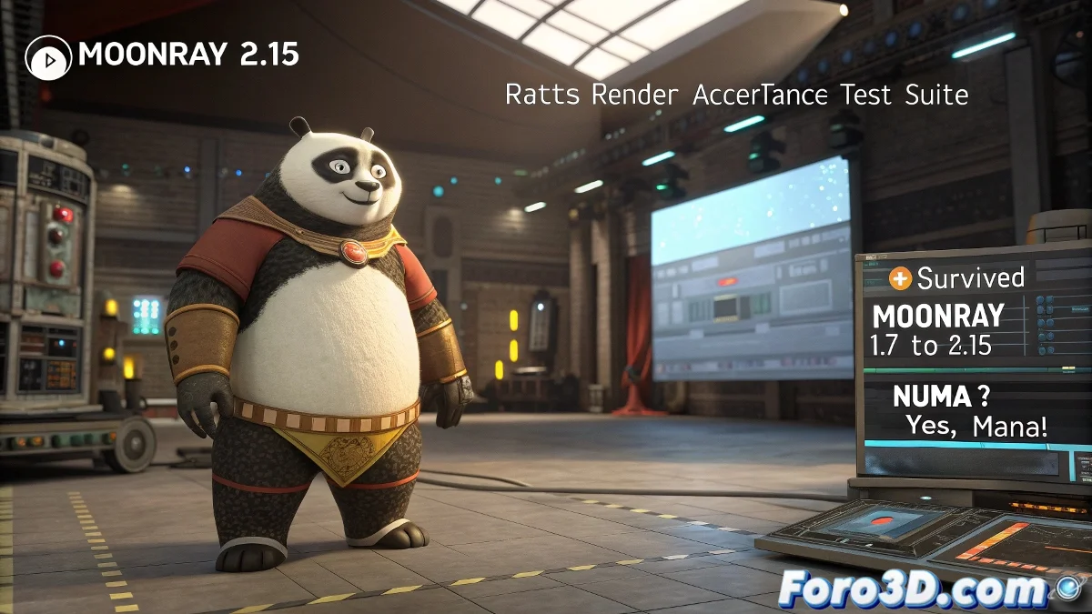 Escena renderizada con MoonRay mostrando iluminación y materiales complejos