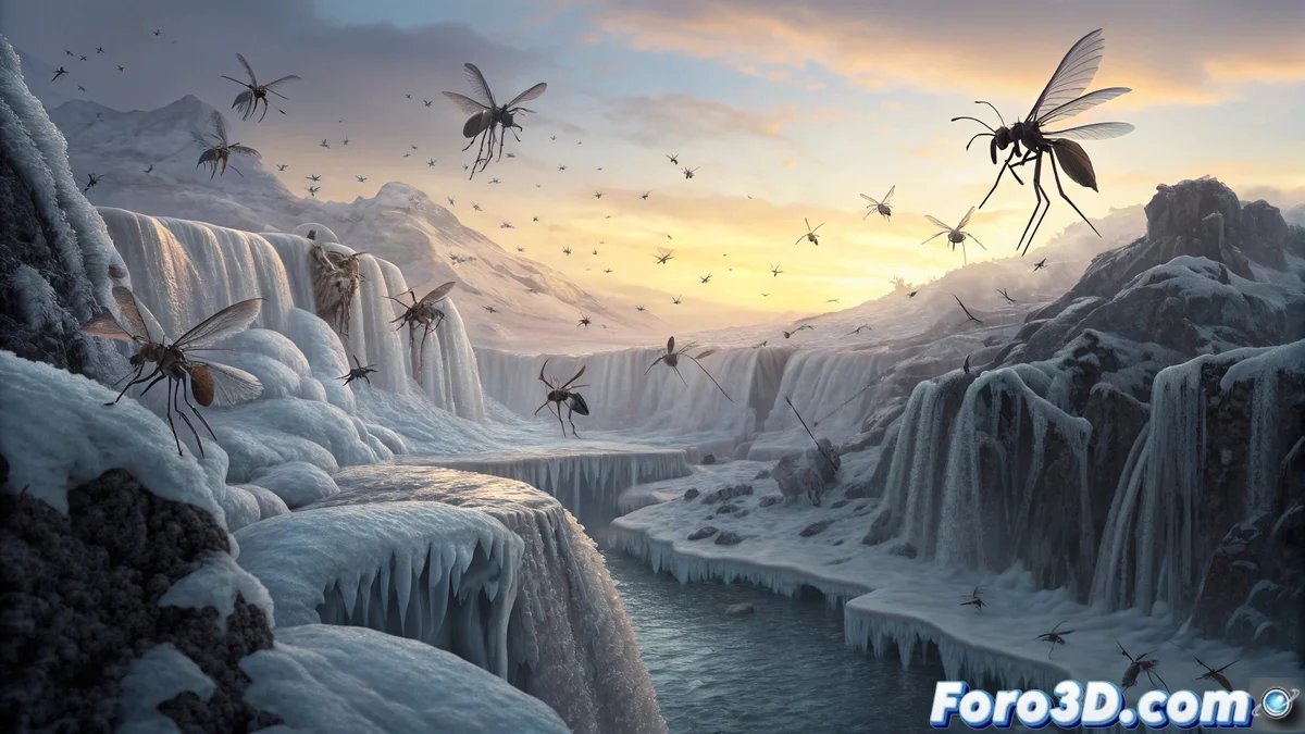 Mosquitos posados sobre superficie helada en paisaje islandés con montañas nevadas de fondo durante el invierno