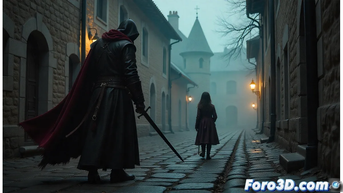 Composición visual que muestra un frame de la serie Néro con efectos digitales integrados, mostrando un personaje en ambiente medieval oscuro con elementos sobrenaturales renderizados