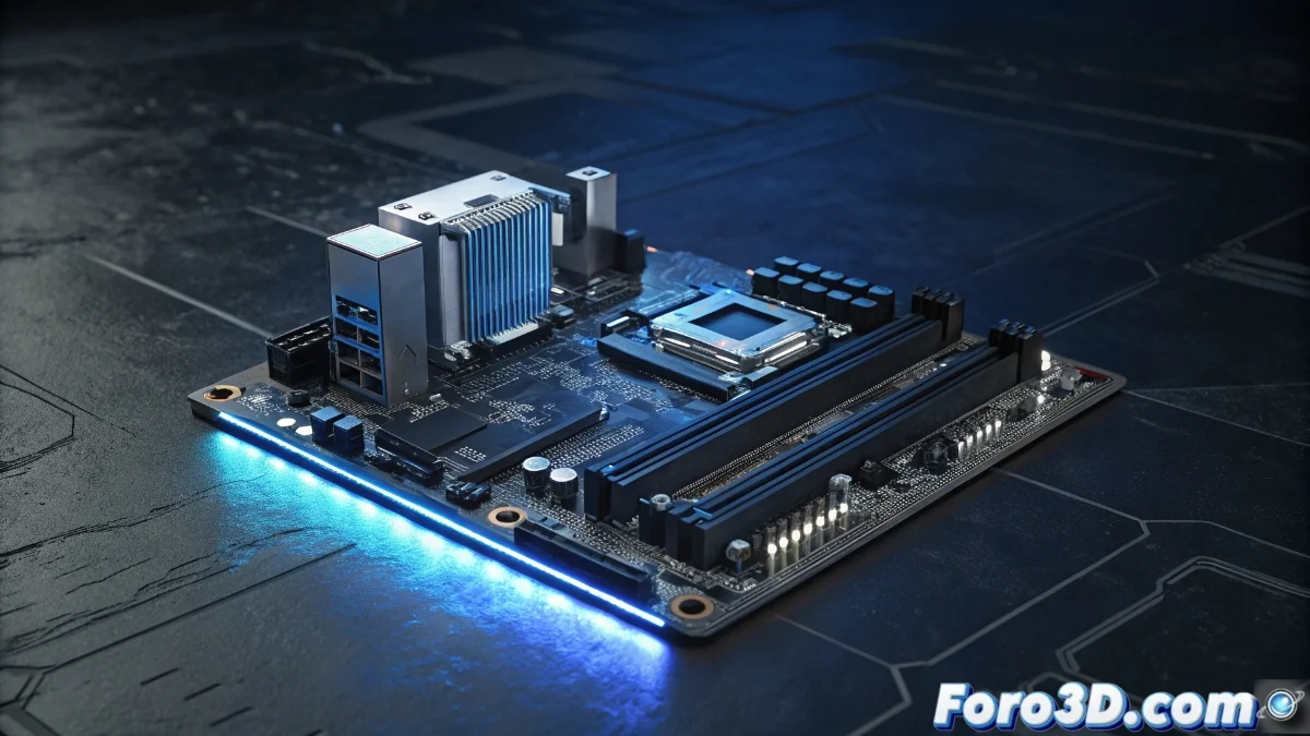 Placa base MSI MPG X870I Edge Ti Evo Wifi mostrando sus tres ranuras M.2, disipadores térmicos y puertos USB4, sobre un fondo oscuro con iluminación RGB suave.