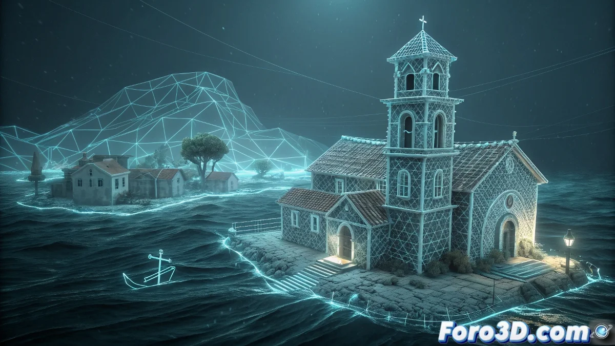 Animación en Animation Master mostrando el pueblo de Muedra bajo las aguas del embalse con edificios sumergidos, efectos de luz volumétrica y campanario fantasma