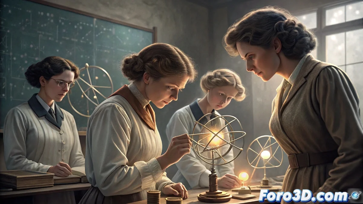 Retrato collage de científicas pioneras en física cuántica trabajando en laboratorios y pizarras con ecuaciones