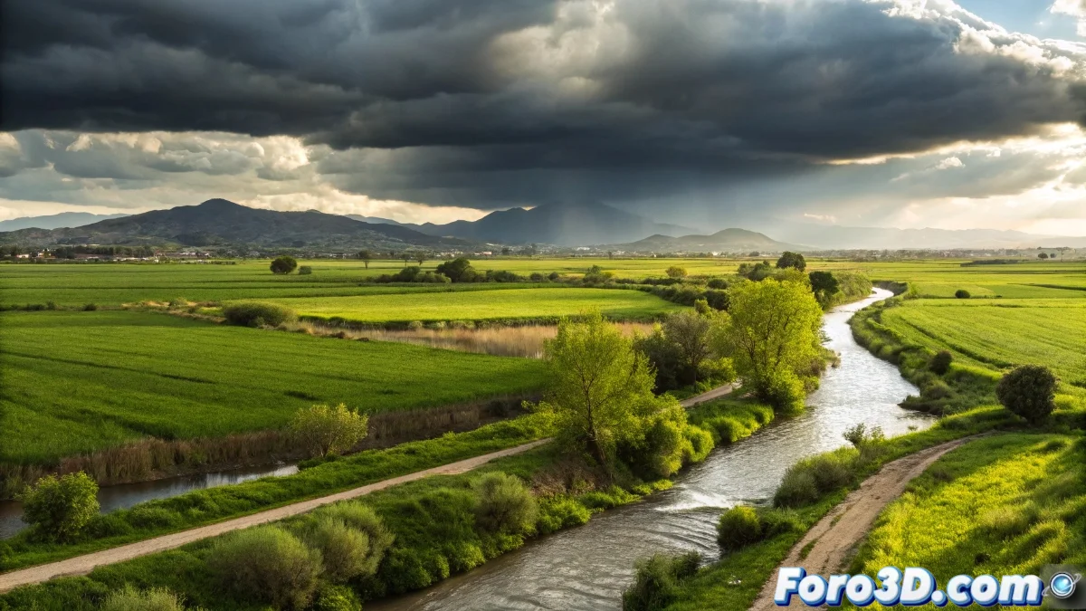 Mapa de la región de Murcia con superposición de datos pluviométricos mostrando acumulados de lluvia por zonas, embalses con niveles crecientes y campos agrícolas verdes