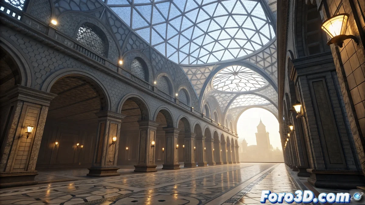 Representación visual del sistema Nanite mostrando micro-polígonos organizados en clusters jerárquicos, con diferentes niveles de detalle según la distancia de cámara en un entorno 3D complejo.