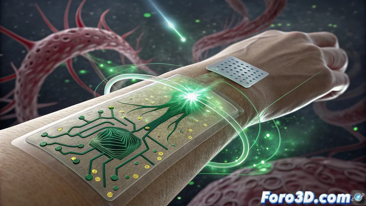 Sensor portátil impreso en 3D con nanocompuestos conductores sobre piel humana, mostrando flexibilidad y monitorización de señales vitales en tiempo real.