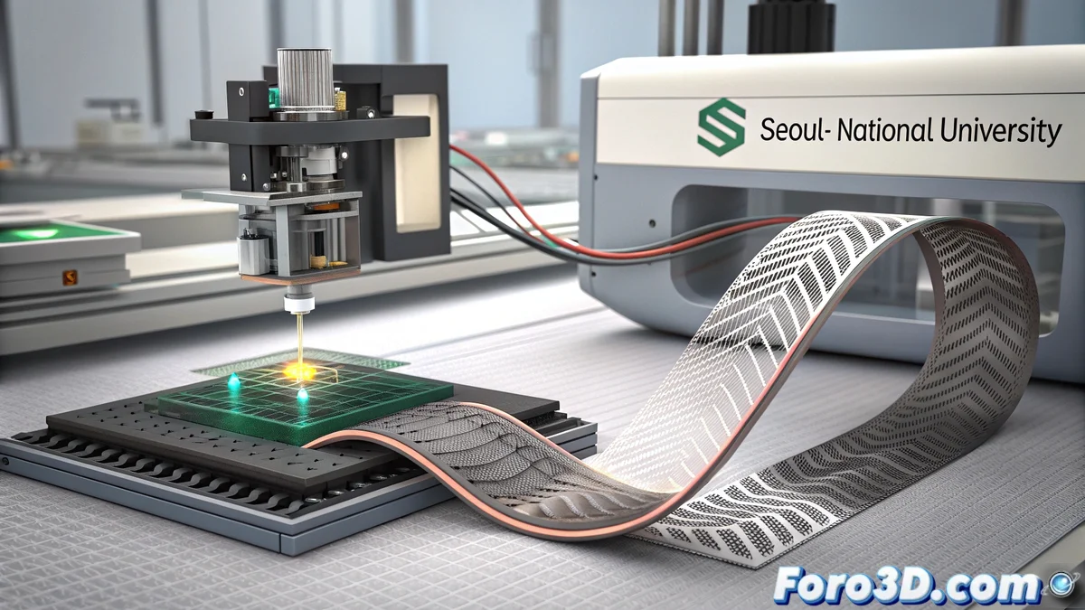 Sensor portátil impreso en 3D con nanocompuestos conductores sobre piel humana, mostrando flexibilidad y monitorización de señales vitales en tiempo real.