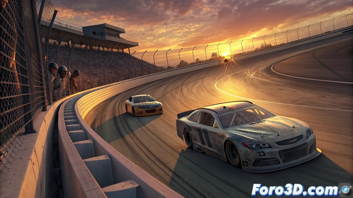 Kyle Busch conduciendo su coche de NASCAR en el circuito Daytona International Speedway, con el equipo pit stop realizando cambio de neumáticos durante una carrera nocturna