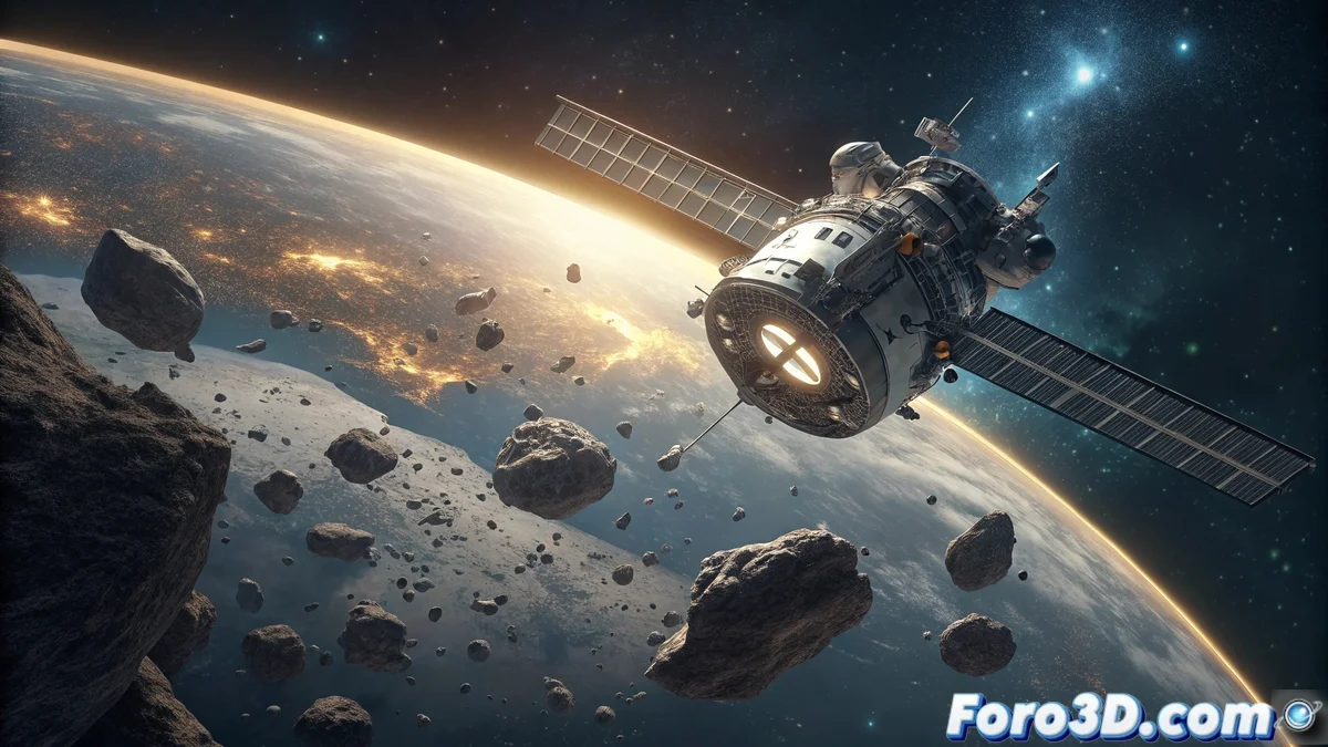 Nave espacial especializada desplegando una red para capturar fragmentos de basura espacial en órbita terrestre, con la Tierra de fondo