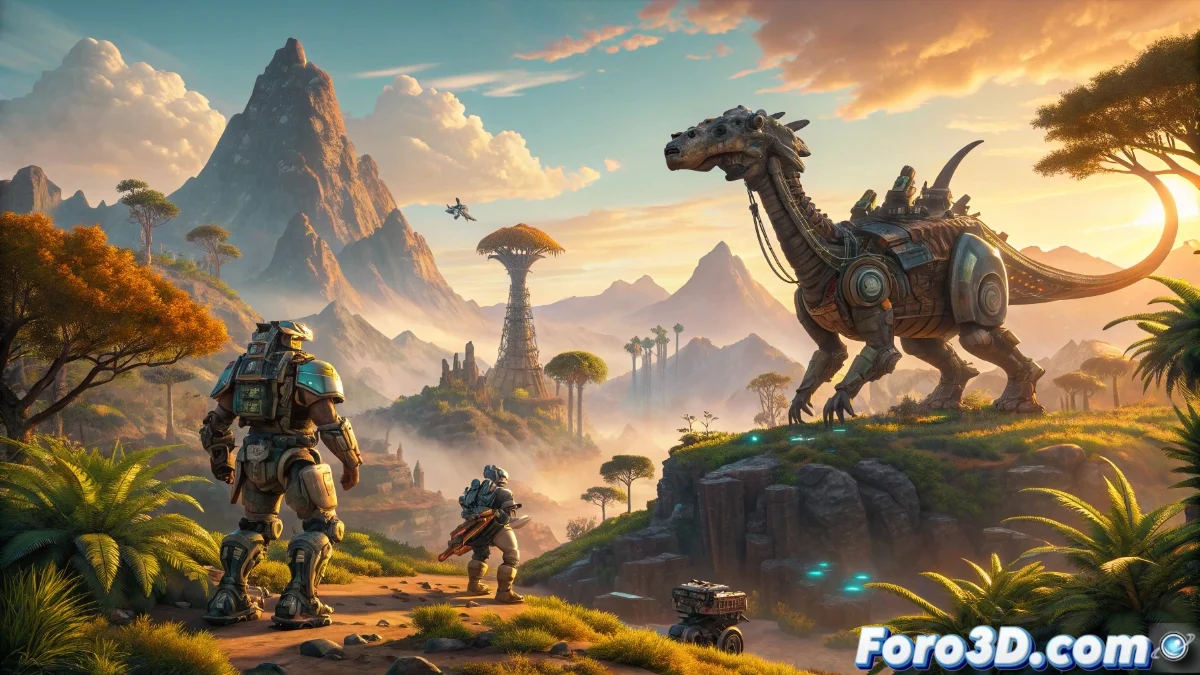 Concept art del mundo abierto de Horizon MMO mostrando paisajes generados proceduralmente con NPCs interactuando de forma realista mediante IA