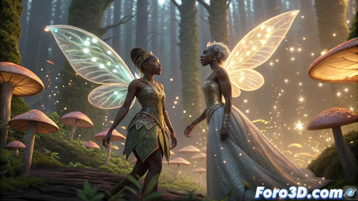 Ilustración conceptual de hadas traviesas en un entorno mágico con elementos de animación musical, mostrando personajes principales con características distintivas y ambiente fantástico colorido