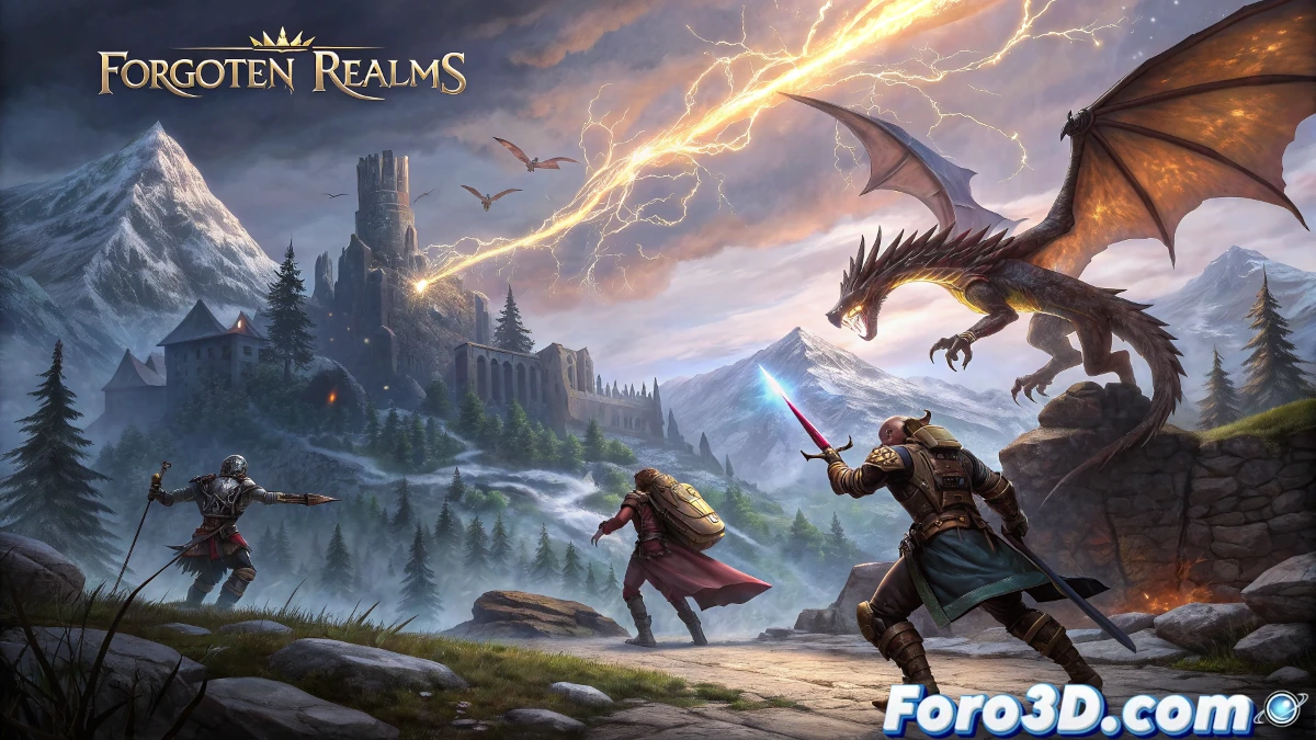 Un póster promocional de una serie live-action de Dungeons & Dragons, mostrando un guerrero con armadura medieval, un mago lanzando un hechizo y un elfo con un arco, todos listos para la batalla en un paisaje épico con castillos, dragones y un cielo tormentoso. Estilo cinematográfico realista con iluminación dramática.
