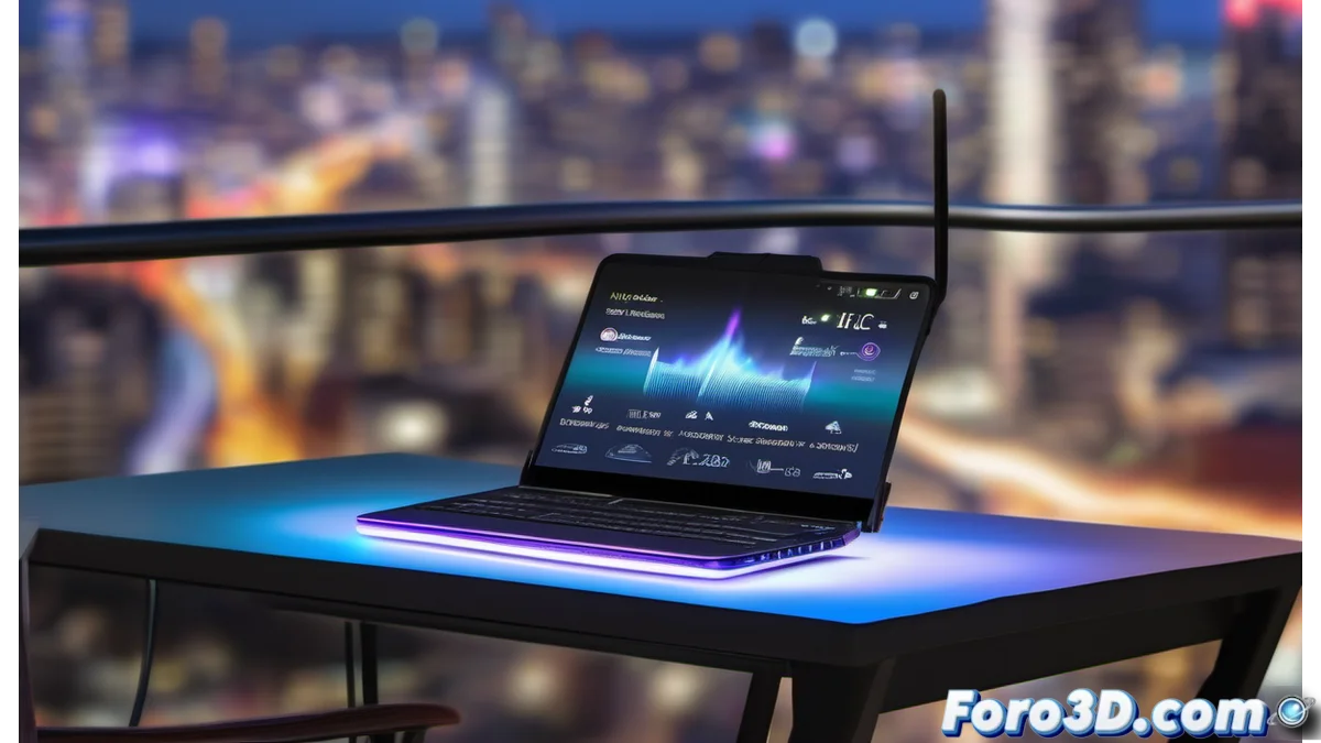 Dispositivo Netgear Nighthawk 5G M7 mostrando su diseño compacto y pantalla de estado, conectado a varios dispositivos en un entorno de trabajo móvil.