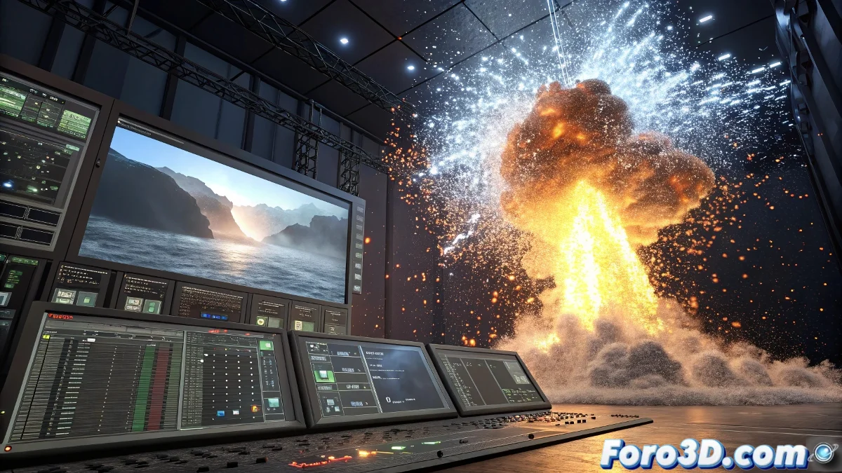 Vista en el viewport de Cinema 4D mostrando una simulación de nxExplosiaFX con una explosión volumétrica compleja, incluyendo fuego, humo y escombros, junto a la interfaz de parámetros del sistema.