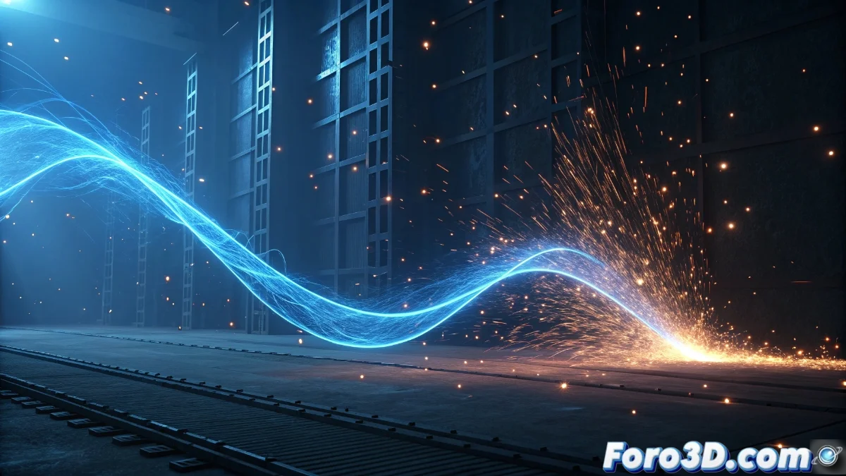 Render de efecto visual con cintas luminosas azules y naranjas formando trayectorias dinámicas en entorno 3D de Unreal Engine 5