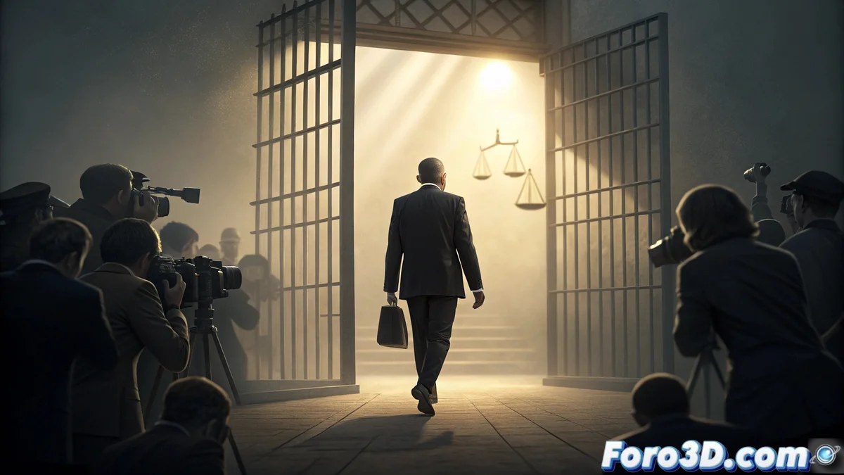 Nicolas Sarkozy saliendo de la prisión de La Santé en París con escolta judicial, mostrando expresión seria mientras periodistas graban el momento histórico