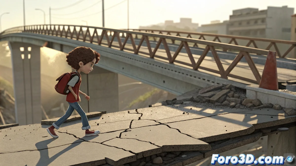 Vista de 3ds Max mostrando un personaje animado caminando sobre un puente en destrucción, con ventanas de ProCutter, Reactor y Track View - Curve Editor visibles
