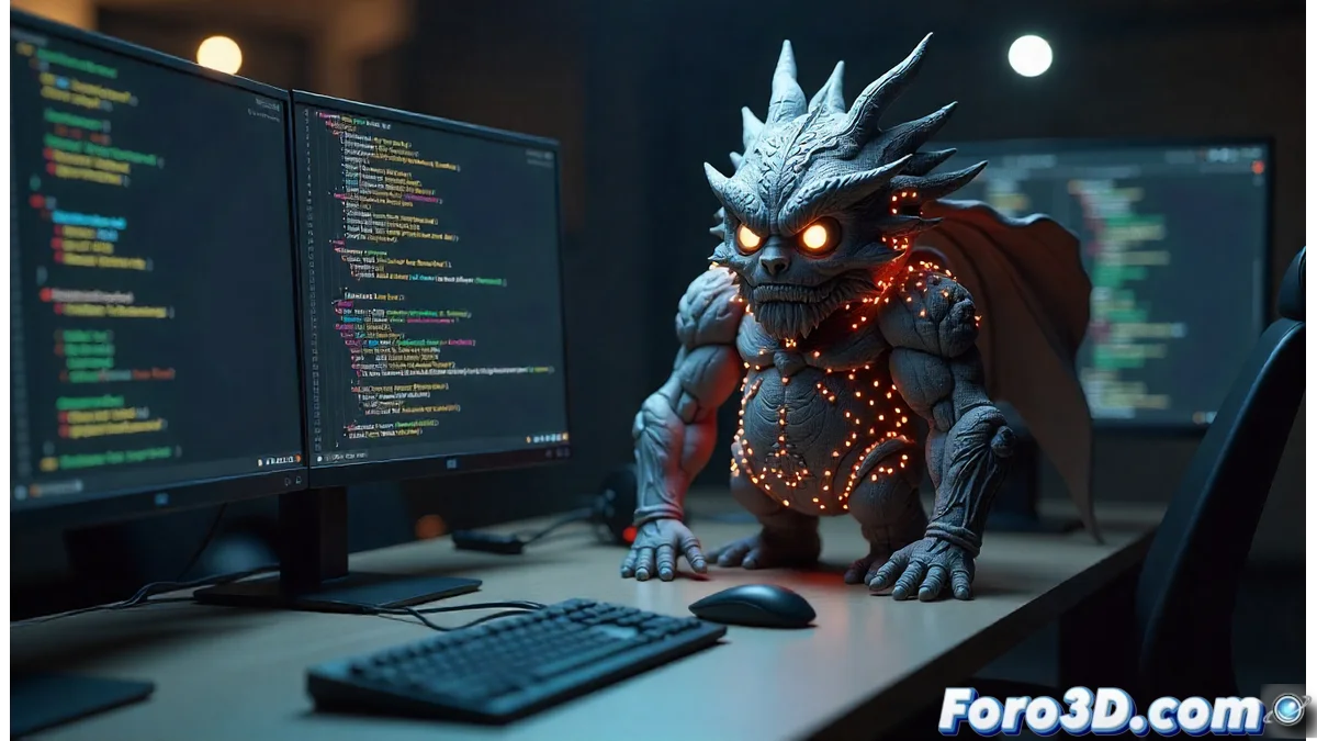 Interfaz de desarrollo de Blender 5 mostrando paneles de scripting Python y herramientas de add-ons en acción, con ventanas de código y viewport 3D simultáneas