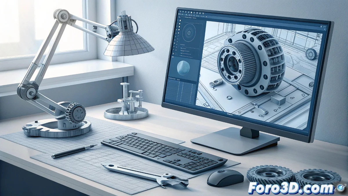 Interfaz de SOLIDWORKS 2025 mostrando modelo 3D complejo con nuevas herramientas de IA, panel de simulación mejorado y workspace de colaboración en la nube integrado.