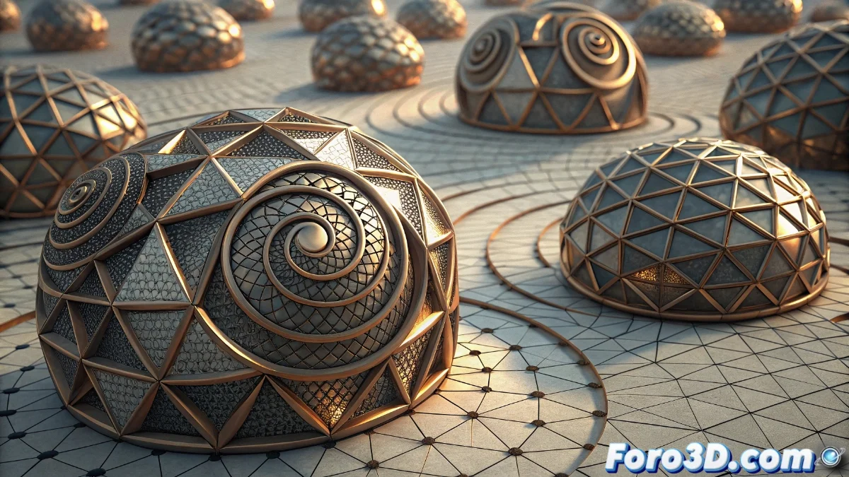 Interfaz del modificador Array en Blender mostrando los nuevos controles de distribución y rotación incremental, con una previsualización de disposición radial de objetos en una escena 3D.