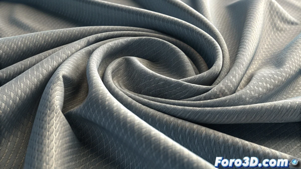 Vista en close-up de una simulación de tela en Blender 5 mostrando pliegues realistas y movimiento suave en una cortina animada