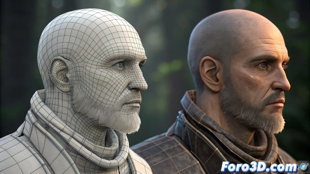 Interfaz de Blender 5 mostrando el panel de herramientas Remesh con mallas antes y después de la retopología automática, destacando la distribución uniforme de polígonos