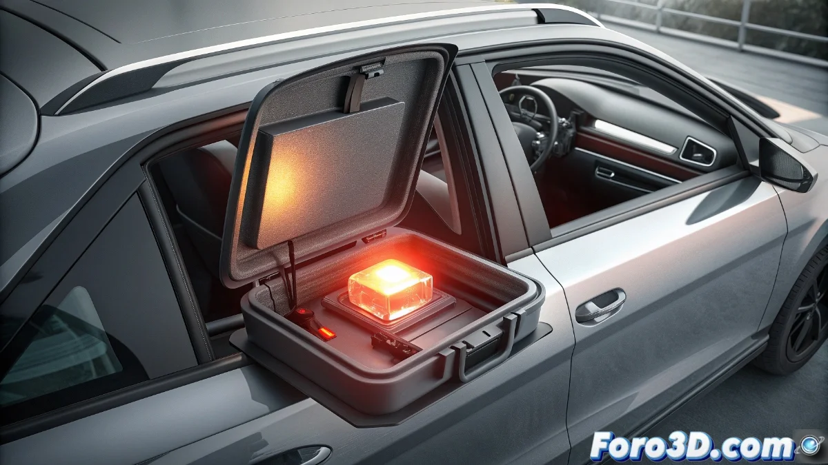 Baliza V-16 homologada colocada en techo de coche con base magnética, emitiendo luz amarilla intermitente de noche en carretera