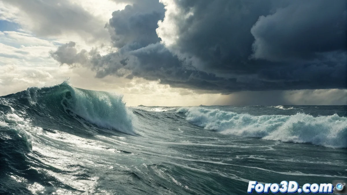 Render 3D de un océano tormentoso en Blender 5 mostrando olas detalladas con espuma blanca y efectos de iluminación atmosférica