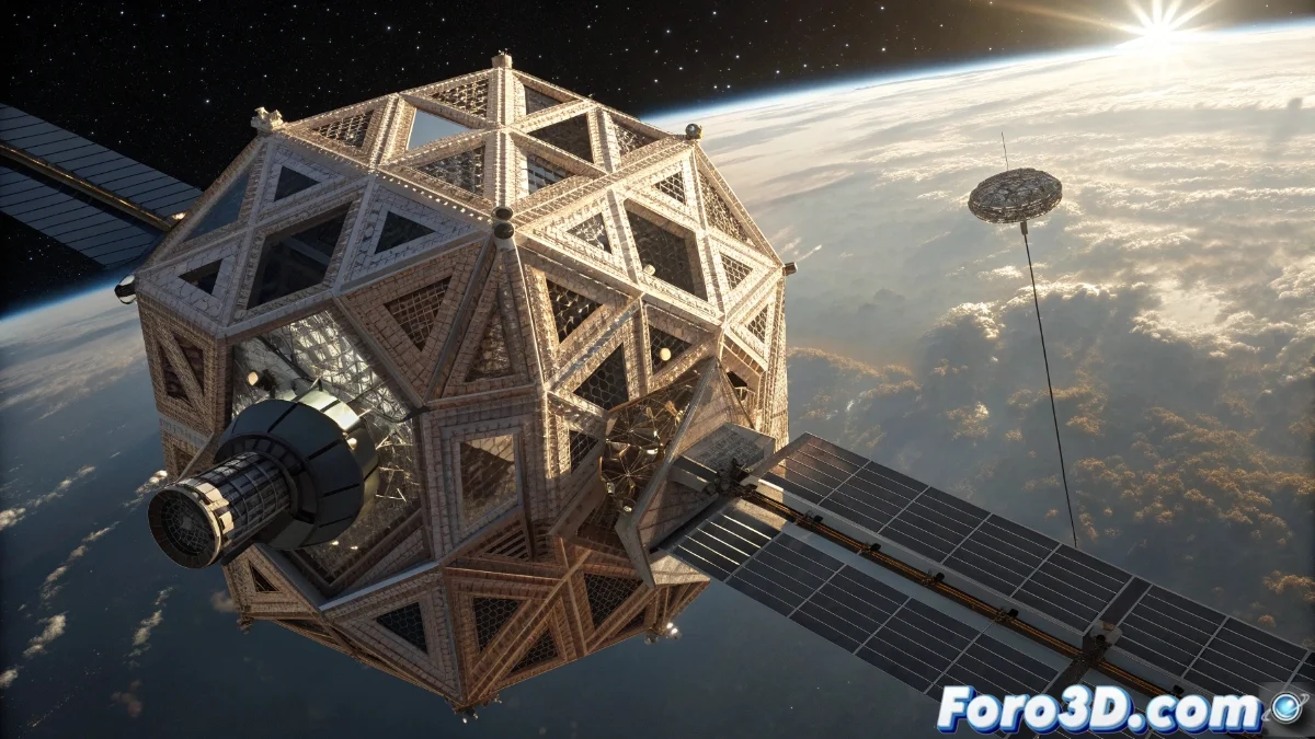 Estructura espacial desplegable impresa en 3D mostrando su transformación desde estado compacto a completamente expandido en entorno de vacío simulado