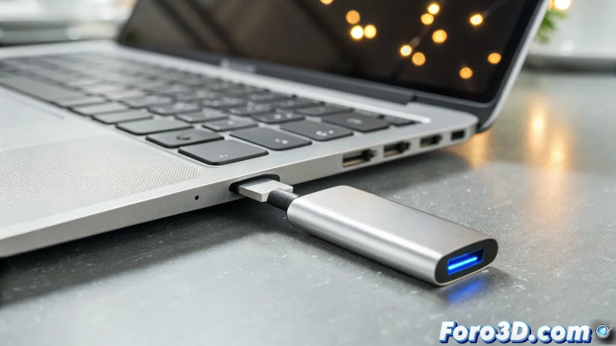Dispositivo de almacenamiento USB-C plateado insertado en puerto de laptop moderna sobre escritorio con elementos de trabajo creativo