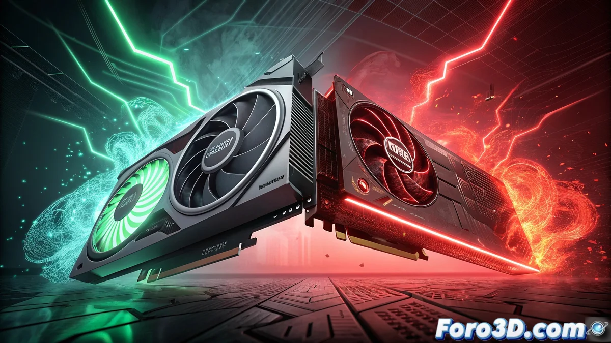 Comparativa visual de las nuevas tarjetas graficas NVIDIA RTX 5090 y AMD Radeon RX 9000 mostradas sobre un fondo tecnológico.