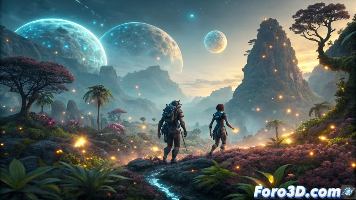 Vista panorámica del nuevo bioma volcánico de Pandora con cenizas flotantes iluminadas por efectos de bioluminiscencia, mostrando el avance en sistemas de renderizado y shaders