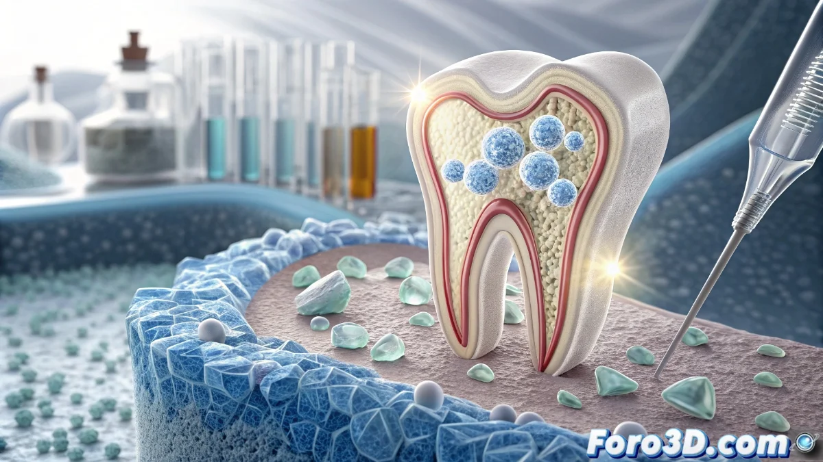 Gel transparente aplicándose sobre diente con esmalte regenerándose mediante efecto bioactivo