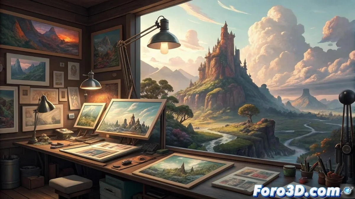 Portada del libro Creating Worlds mostrando ilustraciones conceptuales de mundos fantásticos de películas como Avatar y Maléfica, con bocetos y paletas de color de Dylan Cole.