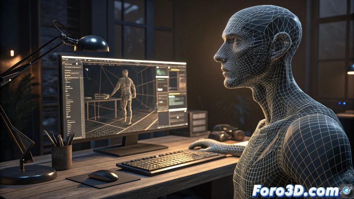 Vista en perspectiva de una malla 3D mostrando bordes convertidos en vértices independientes, con herramientas de Blender visibles en la interfaz