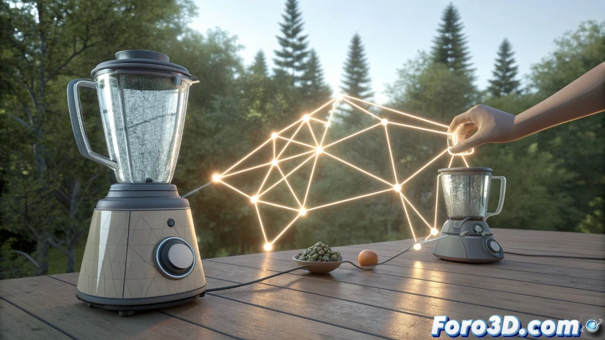 Captura de pantalla de Blender 5 mostrando el panel del modificador Geometry Input aplicado a un objeto, con flechas indicando el flujo de datos entre objetos y la pila de modificadores visible en la interfaz.