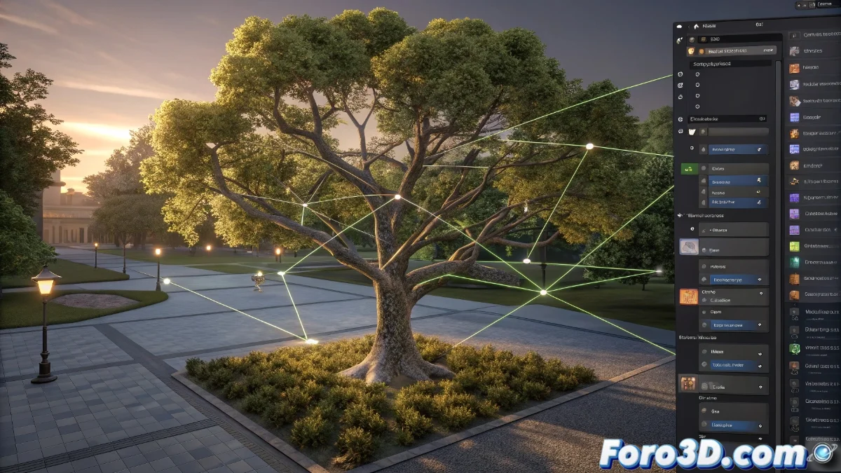 Interfaz del editor de Geometry Nodes en Blender 5 mostrando un grupo personalizado con nodos conectados para manipulación geométrica