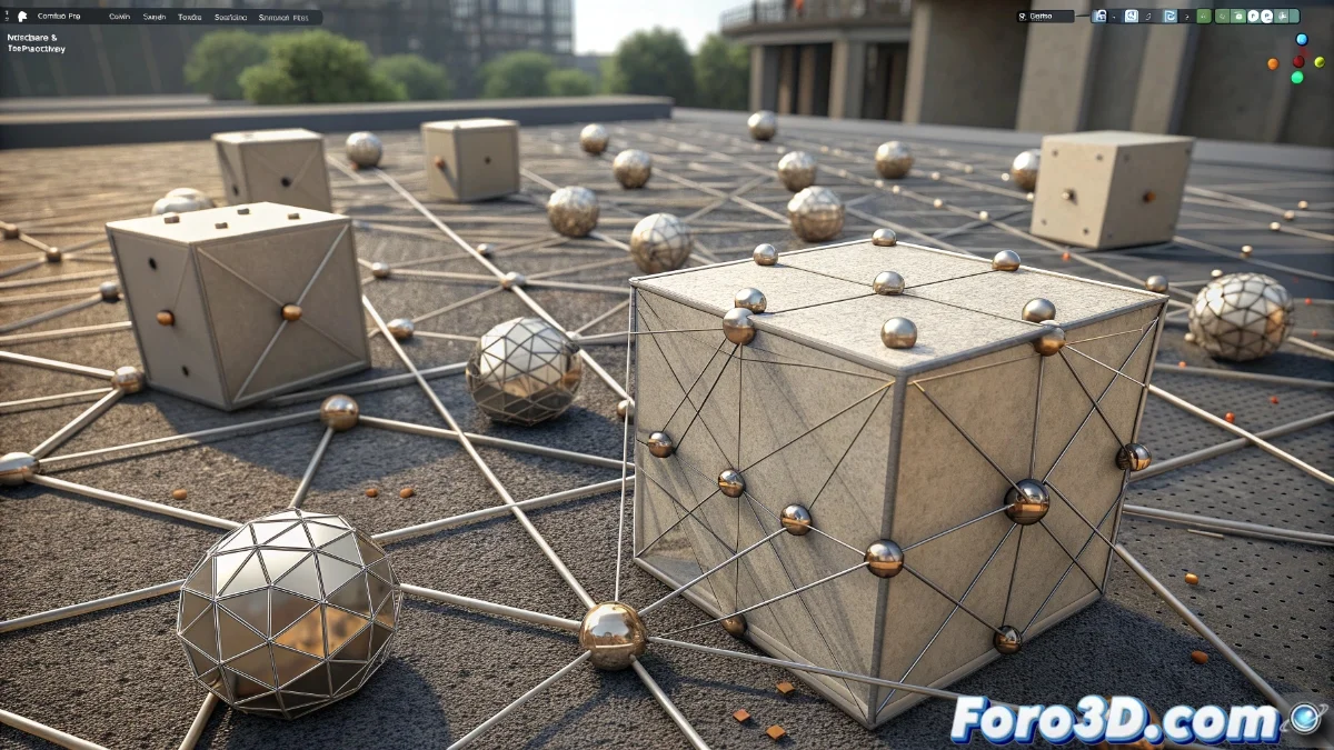 Interfaz del modificador Instance on Elements mostrando parámetros de distribución en vértices y caras de una malla 3D con instancias de árboles y rocas.