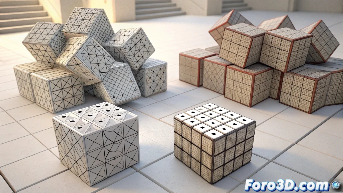 Interfaz del modificador Randomize Transform mostrando controles de posición, rotación y escala con ejemplos de variación aplicada a un grupo de árboles 3D