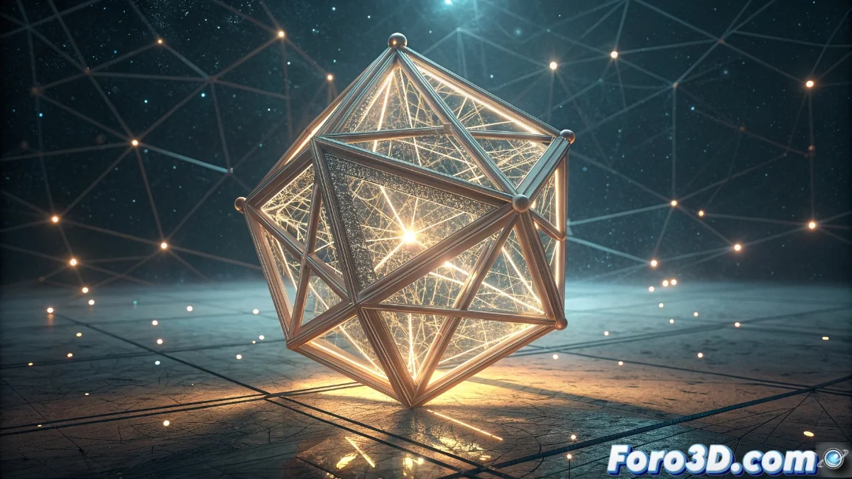 Render 3D mostrando un modelo arquitectónico convertido a estructura de alambre con grosor variable y materiales metálicos en Blender