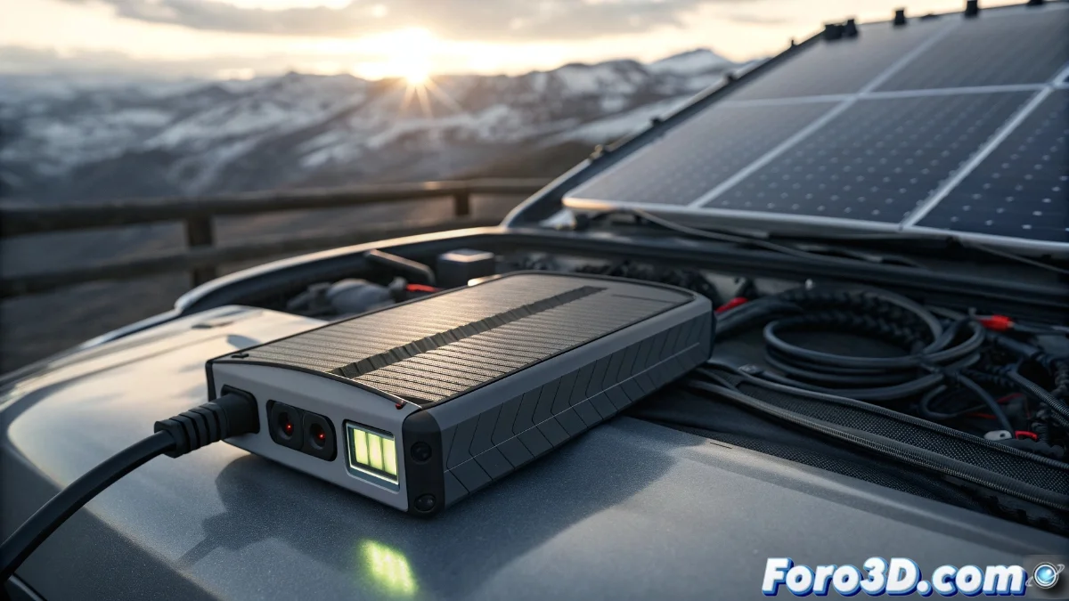 Cargador portátil CTEK CS FREE conectado a batería de automóvil en entorno exterior con panel solar de fondo, mostrando indicadores LED de funcionamiento