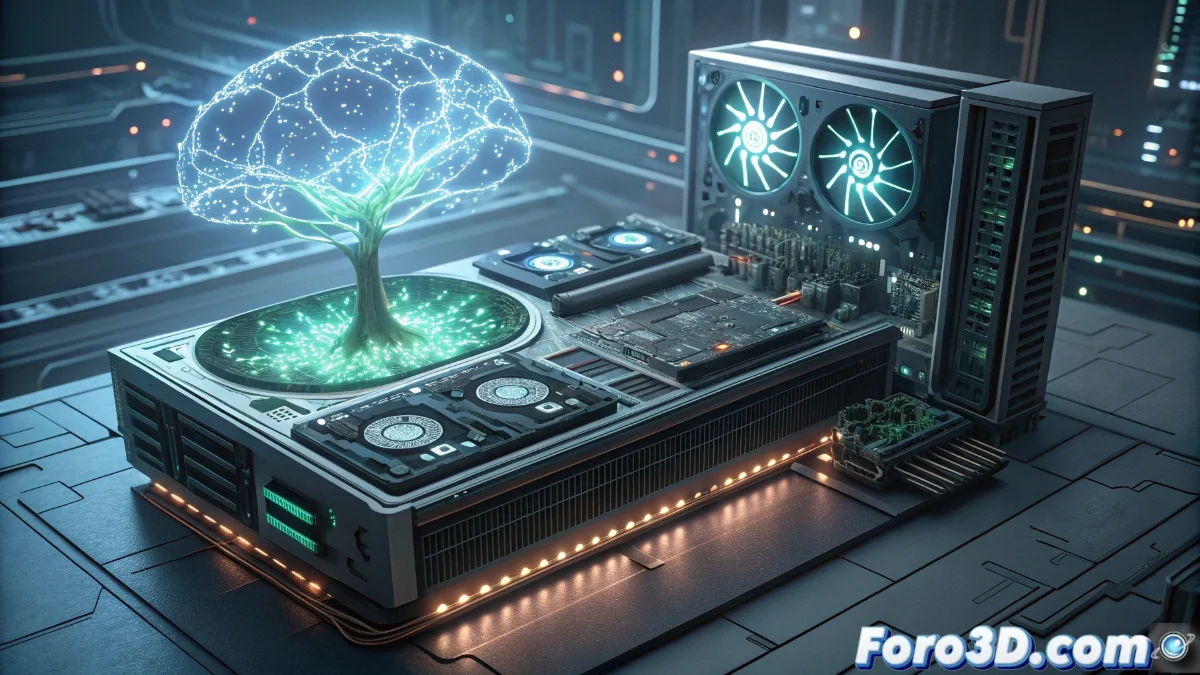 Tarjeta gráfica NVIDIA RTX 4090 instalada en un equipo con iluminación RGB, mostrando detalles de su disipador masivo y conectores de alimentación, en un entorno de trabajo con pantallas que muestran código y gráficos de rendimiento de IA.