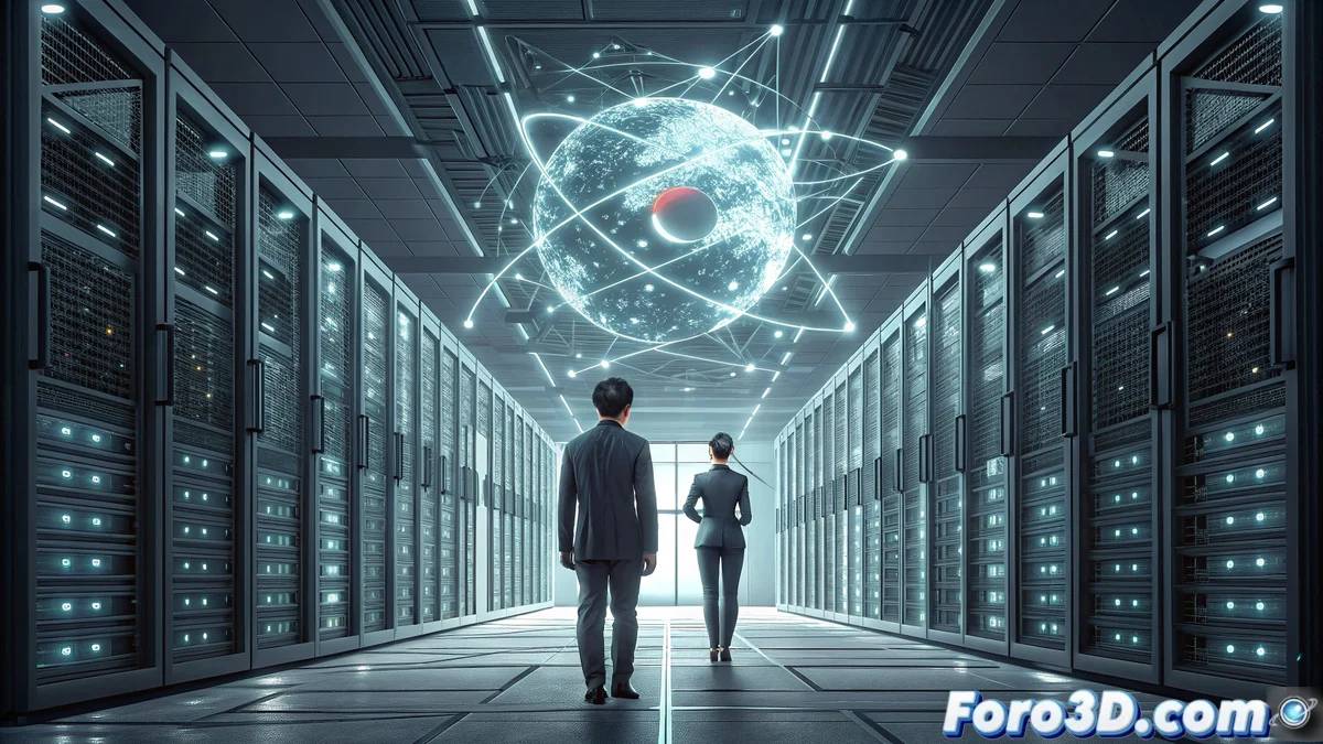 Centro de datos moderno con servidores NVIDIA DGX en Corea del Sur, mostrando arquitectura tecnológica avanzada con ingenieros trabajando en el desarrollo de inteligencia artificial