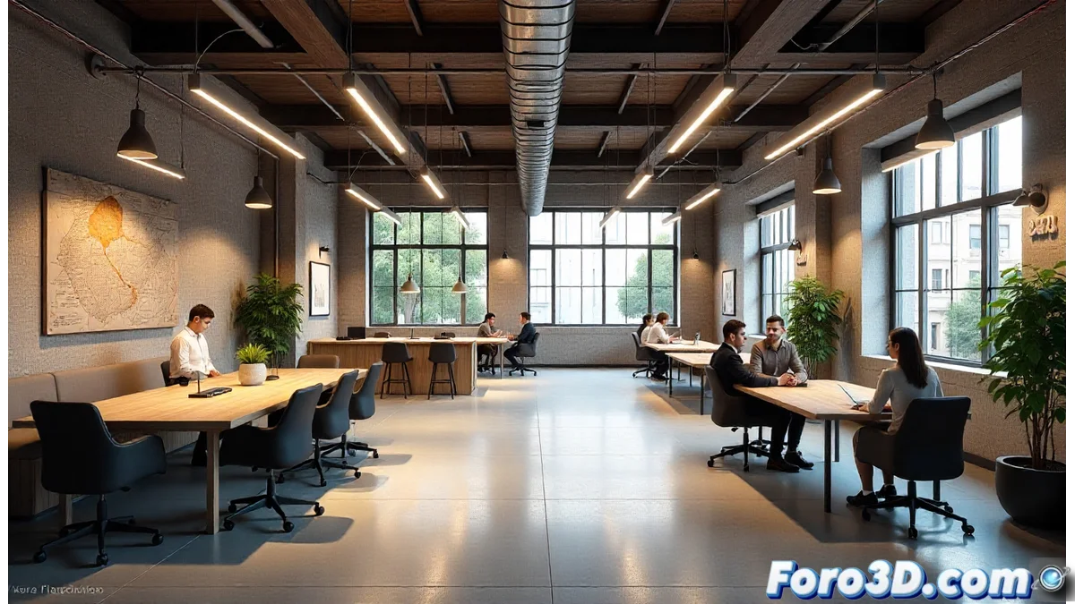 Diagrama infográfico mostrando transformación de espacio de oficina tradicional a diseño modular inteligente con sensores IoT y áreas reconfigurables