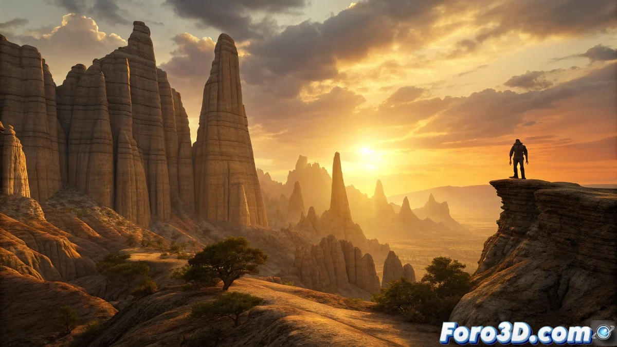 Pintura digital de los Órganos de Montoro en Teruel al atardecer, mostrando las agujas rocosas como gigantes petrificados con dramáticas luces y sombras.