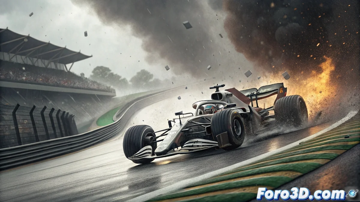 Oscar Piastri junto a su monoplaza dañado tras el accidente en el circuito de Interlagos, Brasil, con miembros del equipo examinando los daños en la carrocería