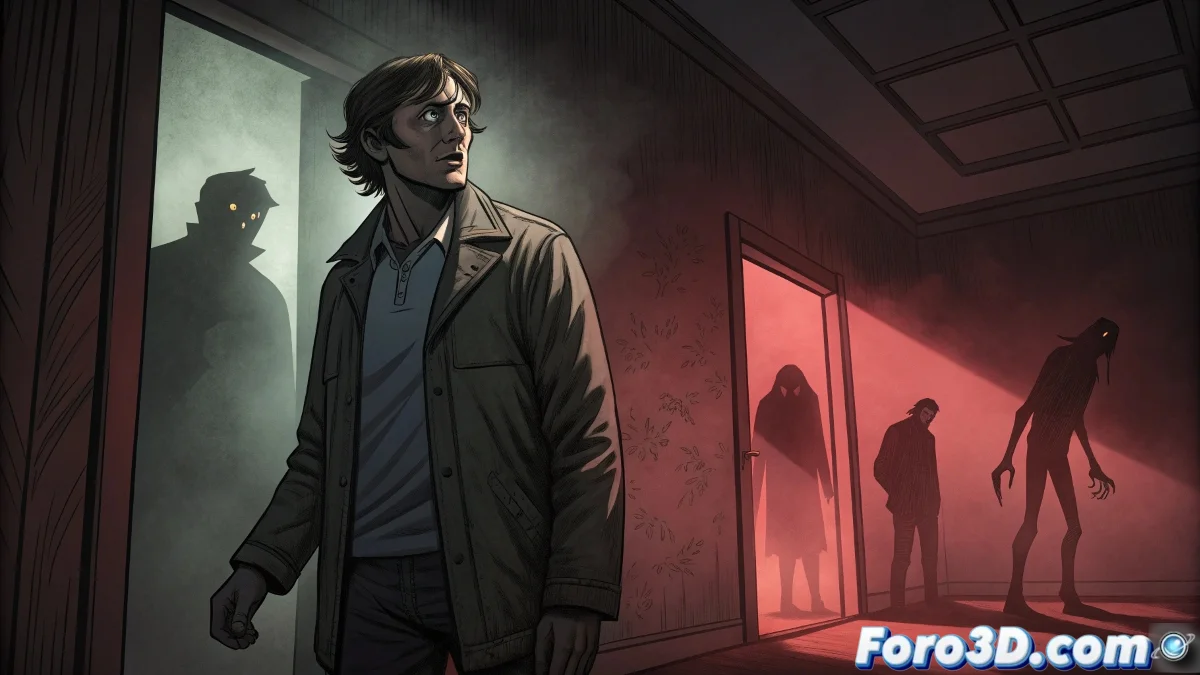 Portada del cómic Outcast mostrando a Kyle Barnes en primer plano con expresión angustiada, fondo oscuro con siluetas demoníacas y elementos de posesión espiritual