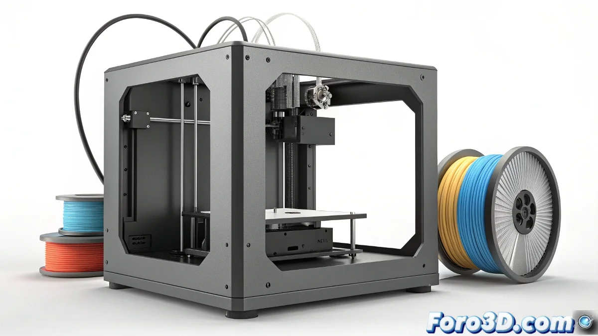 Impresora 3D P2S mostrando sistema multifilamento, pantalla táctil con interfaz de IA y boquillas de cambio rápido en primer plano.