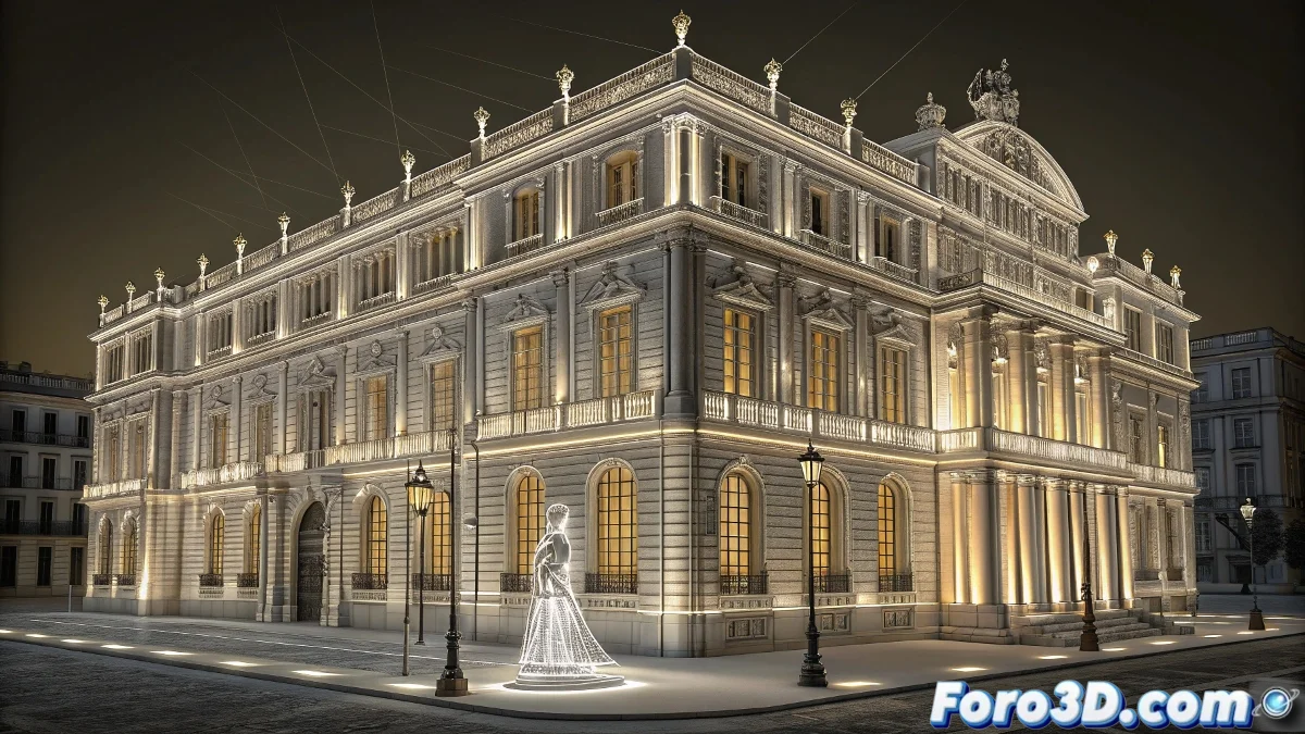 Composición en Nuke del Palacio de Linares mostrando el fantasma de Raimunda con efectos etéreos, partículas flotantes y iluminación espectral en los salones históricos
