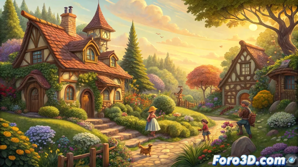 Renderizado en tiempo real de un paisaje exuberante en Palia con iluminación dinámica y efectos de partículas naturales, mostrando personajes interactuando en un entorno mágico.