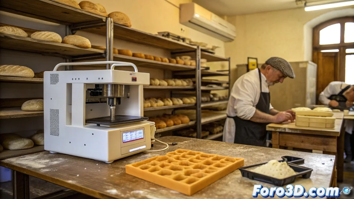 Panadero utilizando impresora 3D para crear un molde personalizado mientras trabaja en una mesa llena de harina y utensilios de repostería.